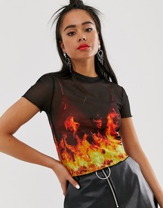 Черная футболка с принтом огня Bershka - Черный