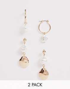 Золотистые серьги-кольца и серьги-подвески с искусственным жемчугом New Look - 2 пары - Золотой