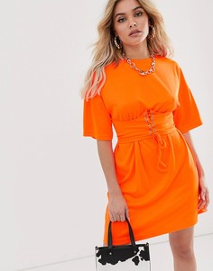 Неоново-оранжевое платье-футболка с отделкой в стиле корсета Missguided - Оранжевый