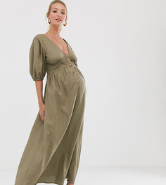 Льняное платье макси на пуговицах с перекрестами на спине ASOS DESIGN Maternity - Зеленый