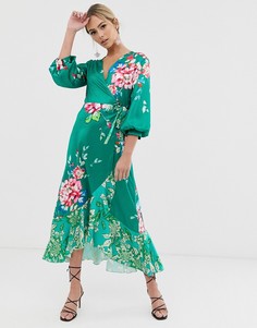 Зеленое чайное платье миди с запахом и цветочным принтом Liquorish - Мульти