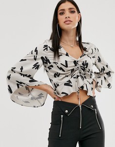 Блузка со сборками спереди, пышными рукавами и абстрактным принтом Parallel Lines - Мульти