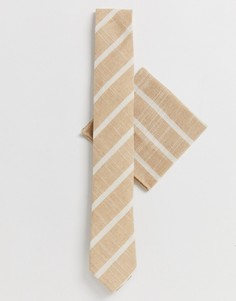 Галстук и платок для нагрудного кармана кремового цвета в полоску Twisted Tailor - Кремовый
