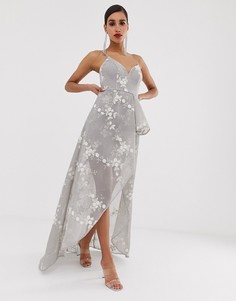 Сетчатое серое платье макси с цветочной вышивкой и каскадными элементами Bariano - Мульти