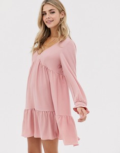 Свободное платье мини с V-образным вырезом и оборками по краю ASOS DESIGN - Розовый