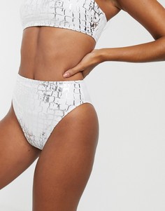 Белые плавки-бикини с завышенной талией с блестящим змеиным принтом ASOS DESIGN - Белый