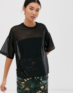 Черный свободный топ из сетчатой ткани с короткими рукавами Monki - Черный