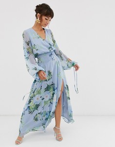 Платье макси с цветочным принтом и присборенной отделкой ASOS DESIGN - Мульти