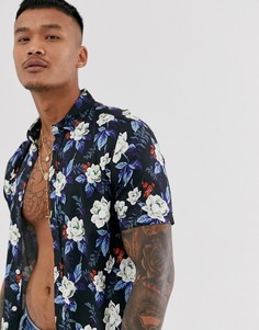Темно-синяя приталенная рубашка с цветочным принтом ASOS DESIGN - Темно-синий