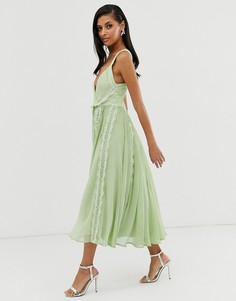 Шифоновое платье миди с кружевной вставкой ASOS DESIGN - Зеленый