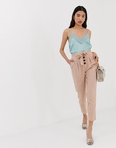 Розовые льняные брюки в полоску с завязкой на талии Stradivarius - Розовый