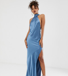 Атласное блестящее платье макси со вставкой на горловине ASOS DESIGN Tall - Синий