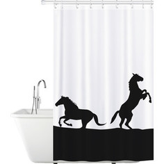 Штора для ванной комнаты Tatkraft HORSES тканевая с кольцами 12 шт, 180 х 180 см, водоотталкивающий материал, 2 магнита-утяжелителя в нижних углах шоры (17610)