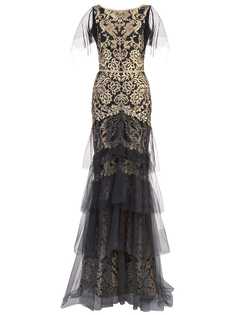 Marchesa Notte декорированное платье с прозрачными рукавами и металлическим отблеском