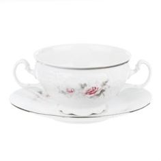 Чайные пары и сервизы Чашка с блюдцем для бульона с ручками 180 мм; декор Бледные розы, отводка платина Thun1794