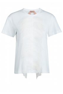 Белая футболка с отделкой перьями No21