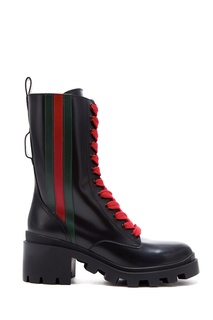 Высокие ботинки с контрастной шнуровкой и узором Web Gucci