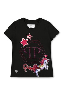 Черная футболка с принтом единорога Philipp Plein Kids