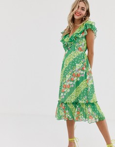 Зеленое платье миди с цветочным принтом и оборками на рукавах Twisted Wunder - Зеленый
