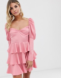 Розовое ярусное платье мини с открытыми плечами In The Style - Розовый