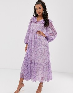 Свободное платье макси с цветочным принтом и завязкой House Of Stars - Фиолетовый