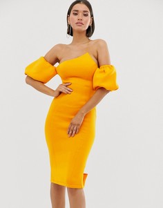 Асимметричное платье миди с пышными рукавами ASOS DESIGN - Оранжевый