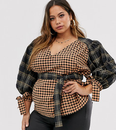 Футболка с длинным рукавом в клетку с поясом ASOS DESIGN Curve - Бесцветный