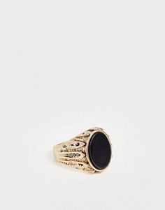 Золотистое массивное кольцо с черным камнем Sacred Hawk - Золотой