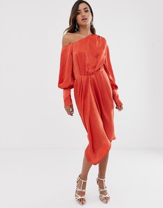 Выбеленное атласное платье миди на одно плечо ASOS DESIGN - Оранжевый