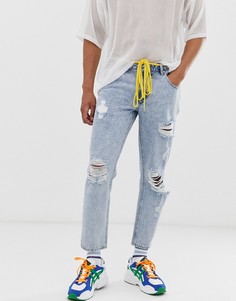 Выбеленные классические джинсы с рваной отделкой и поясом-шнурком ASOS DESIGN - Синий