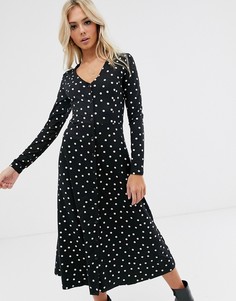 Черное свободное платье макси в белый горошек New Look - Черный