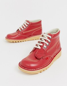 Кожаные высокие ботинки красного цвета на плоской подошве Kickers Kick Hi core - Красный