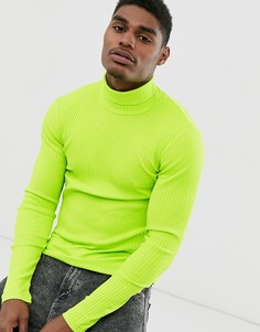 Ярко-зеленая обтягивающая футболка в рубчик с длинным рукавом и отворачивающимся воротником ASOS DESIGN - Зеленый
