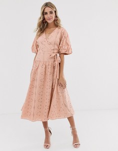 Платье миди с пышными рукавами и вышивкой ASOS DESIGN - Розовый