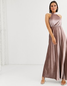 Бархатное платье-халтер макси с плиссировкой ASOS DESIGN - Бежевый