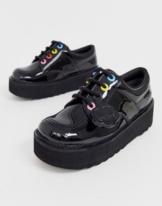 Черные кожаные лакированные туфли на массивной плоской подошве и с разноцветными люверсами Kickers Kick Lo - Черный