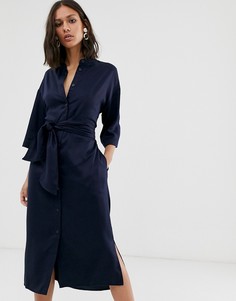 Платье-рубашка миди на пуговицах с поясом Native Youth - Темно-синий