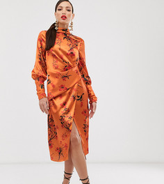 Атласное платье миди с длинными рукавами и цветочным принтом ASOS DESIGN Tall - Мульти