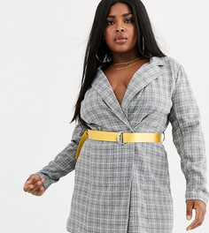 Серое платье-блейзер с контрастным поясом Lasula Plus - Мульти