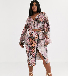 Атласная юбка миди от комплекта с запахом, кружевной отделкой, цветочным и леопардовым принтом Missguided Plus - Мульти