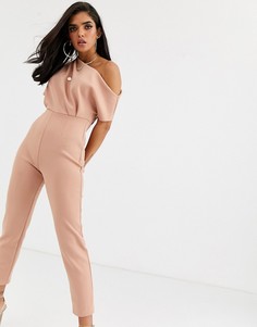 Комбинезон на одно плечо с защипами ASOS DESIGN - Розовый