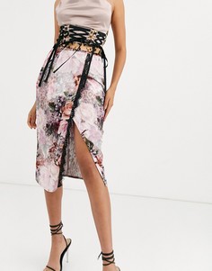 Атласная юбка миди с запахом, кружевной отделкой, цветочным и леопардовым принтом Missguided - Мульти