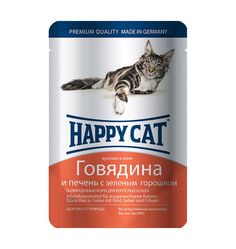 Влажный корм Happy Cat для взрослых кошек, говядина/печень/горох, 100г