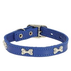 Ошейник кожаный для собак Каскад Косточка с украшением, цвет: синий