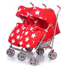 Прогулочная коляска для двойни BabyHit Twicey, цвет: красный/звезды