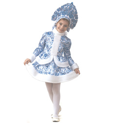 Карнавальный костюм Батик Снегурочка гжель кафтан/юбка/кокошник, цвет: белый/голубой