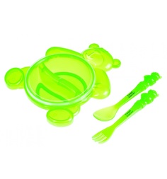Тарелка Canpol Мишка с ложкой и вилкой, цвет: зеленый