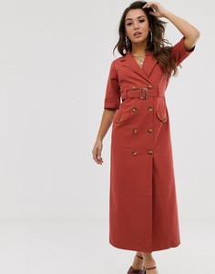 Джинсовое двубортное платье миди цвета ржавчины с короткими рукавами ASOS DESIGN - Оранжевый