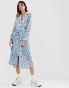 Платье макси на пуговицах с цветочным принтом и плиссированной юбкой Levete Room - Синий