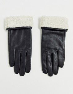 Черные кожаные перчатки для сенсорных экранов с отделкой из искусственного меха ASOS DESIGN - Черный